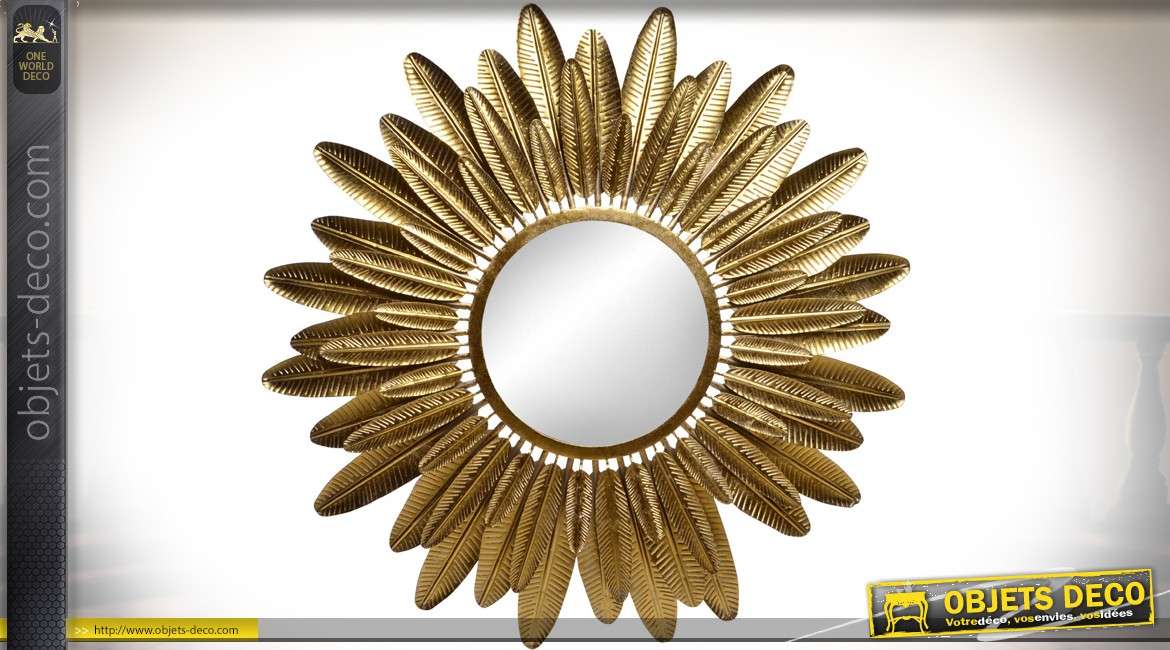 Grand miroir en métal avec encadrement effet plumes d'oiseaux dorées Ø 95 cm