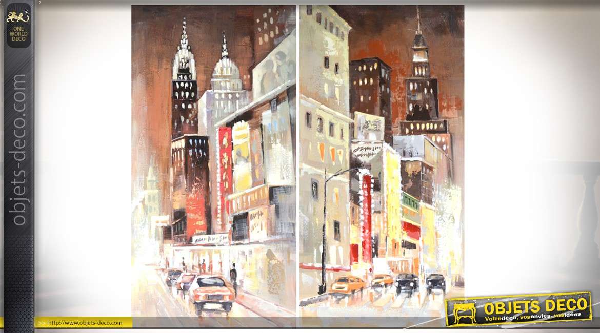 Duo de tableaux sur toiles, peints à la main, en 120 x 60 cm : thème New-York