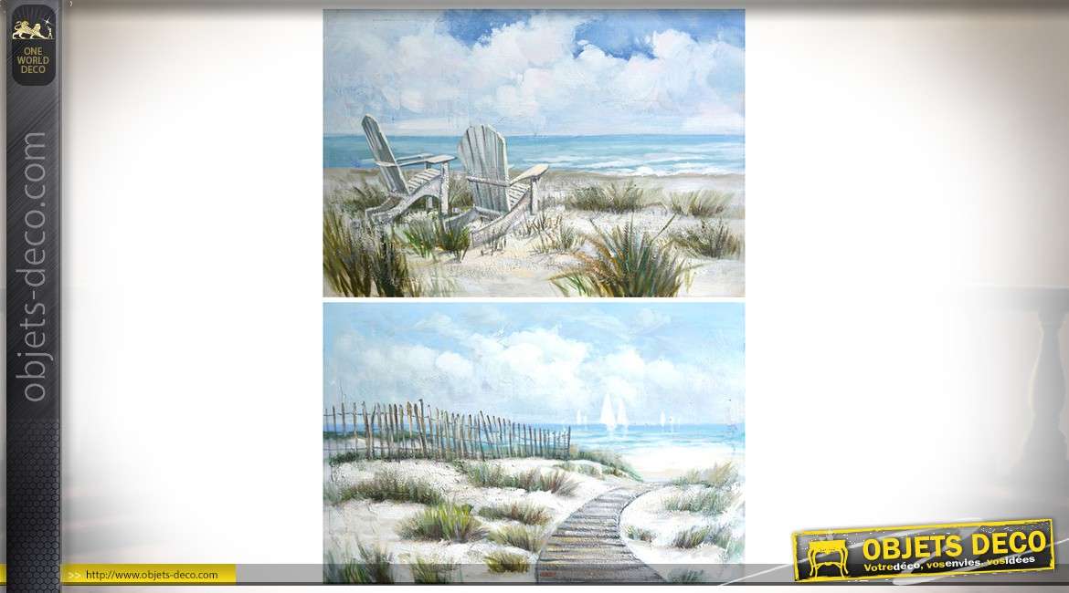 Duo de grands tableaux peints à la main sur toile, dunes et bords de mer 90 x 60 cm