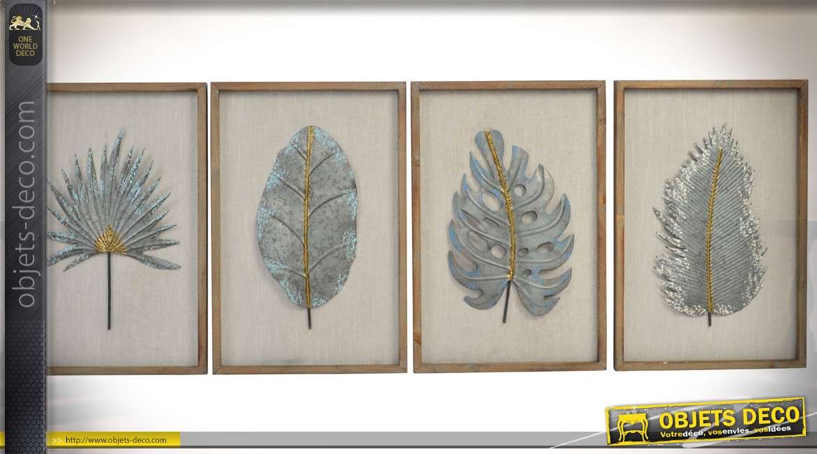 Série de 4 tableaux 65 x 40 cm : feuilles d'arbres exotiques en métal argenté