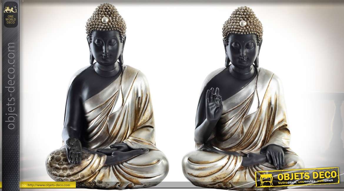 Série de 2 statuettes de bouddhas noir et argent 30 cm