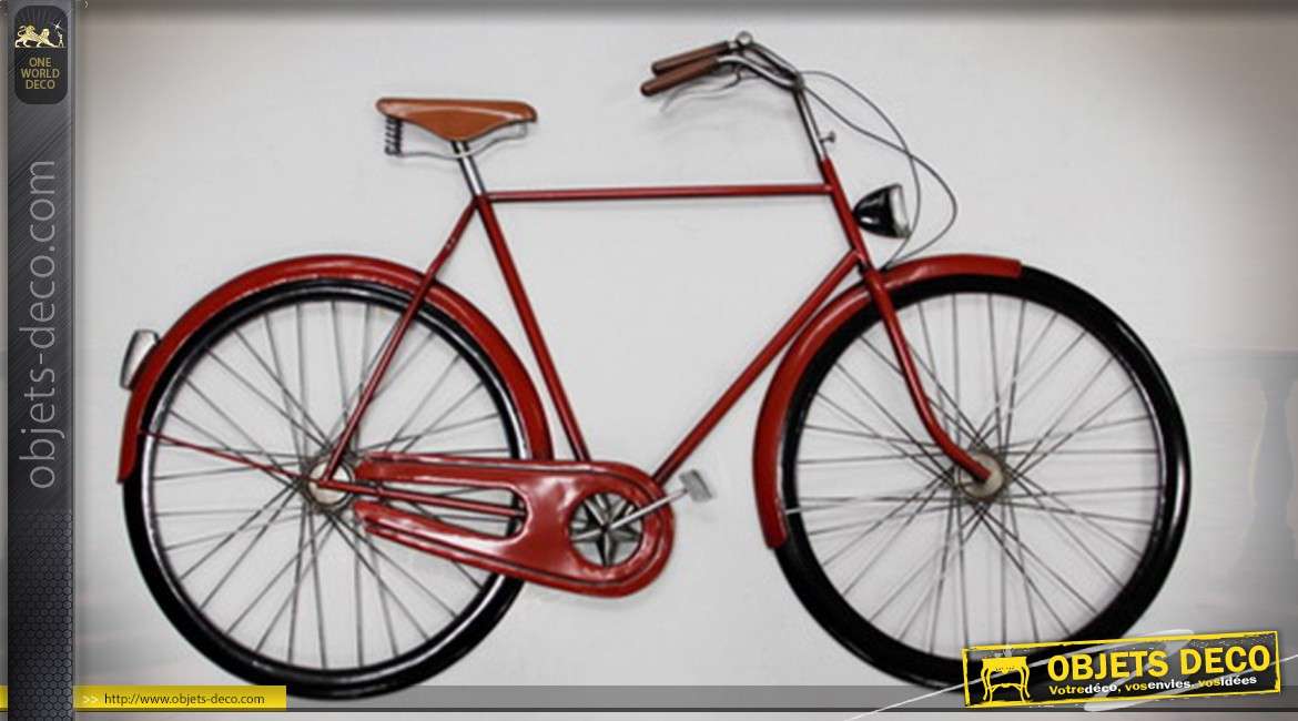 Décoration murale en métal et en relief : bicyclette rétro coloris rouge 98 cm