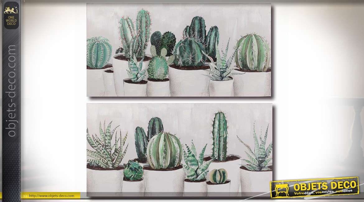 Série de deux tableaux sur toile 100 x 50 cm : thème cactus et plantes grasses