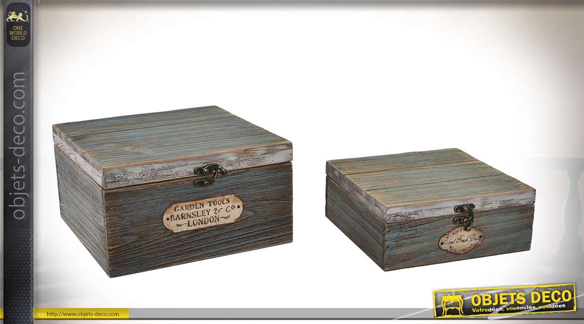 Série de deux boîtes en bois décoratives aspect très vieilli 24 x 24 cm