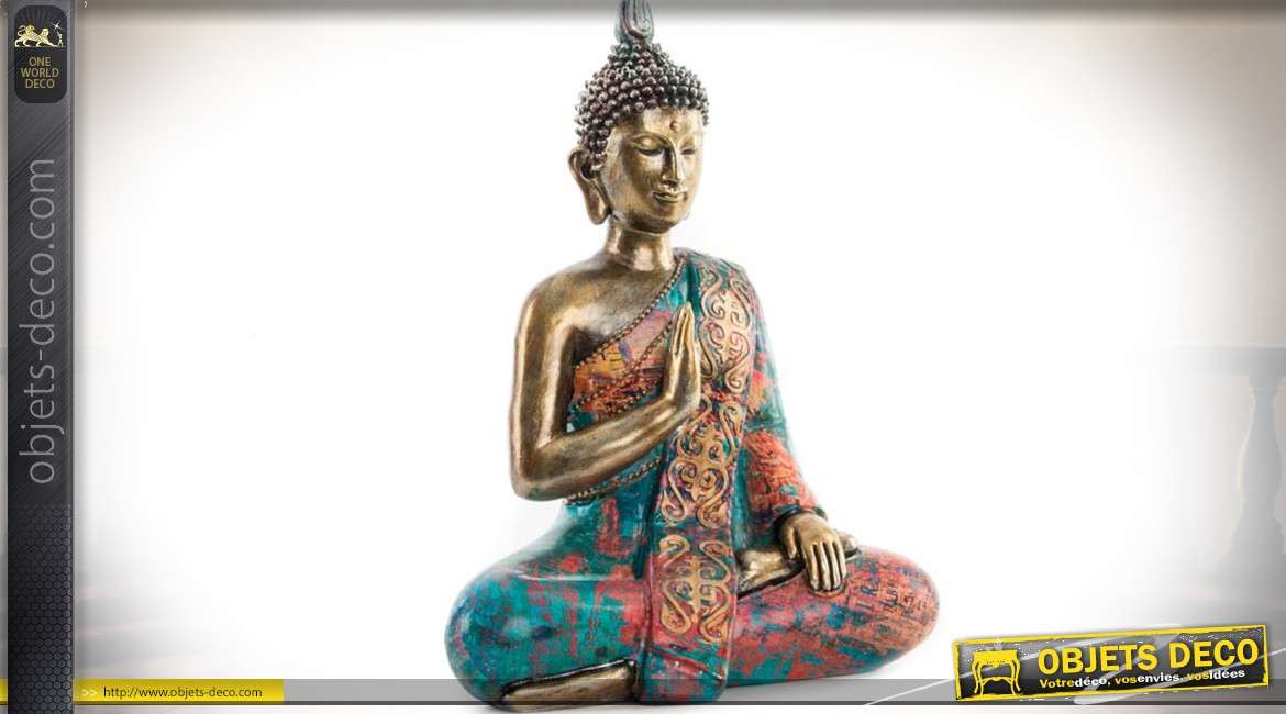Statuette de bouddha finition dorée vieilli et irisé multicolore 30 cm