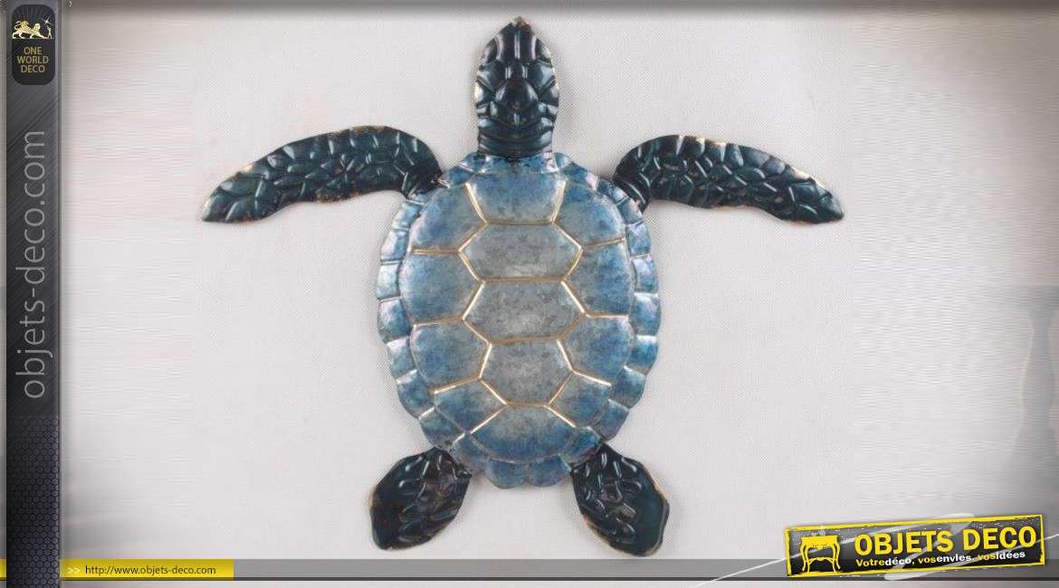 Décoration murale en métal tortue stylisée coloris bleu 50 cm