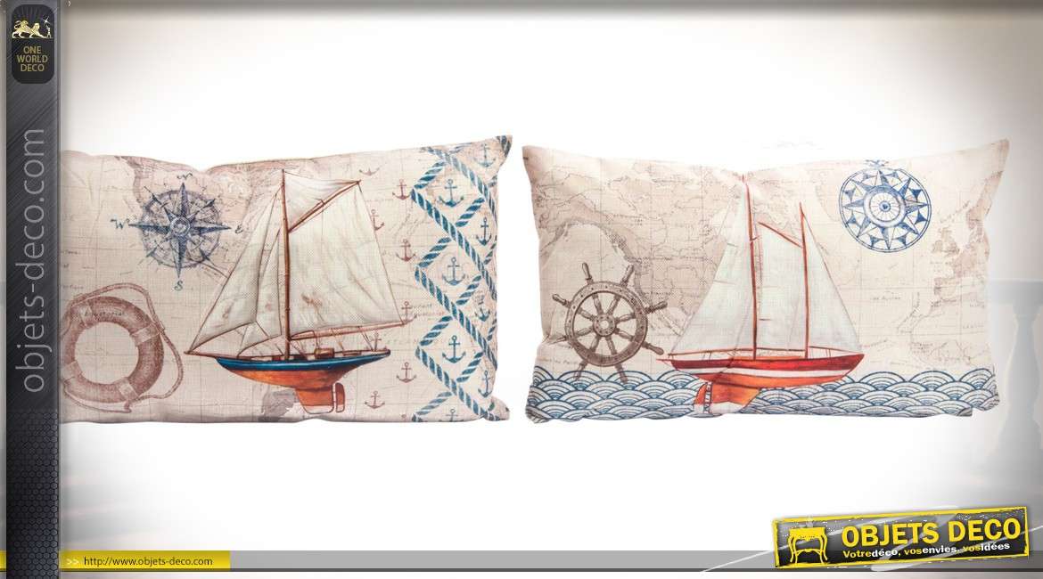 Duo de coussins 50 x 30 cm thème voiliers et bord de mer, housses en lin