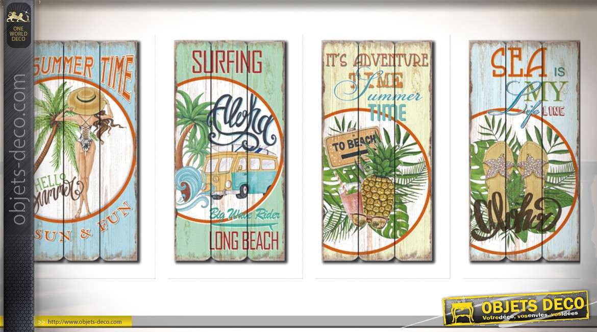 Série de 4 panneaux muraux en bois de style rétro sur le thème du surf