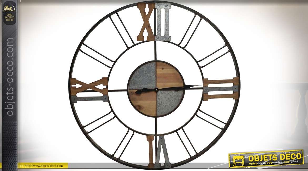 Grande horloge de style rétro et industriel en bois et métal Ø 110 cm