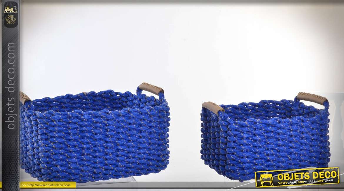 Ensemble de deux paniers bleus en fibre et jute tressée 39 cm