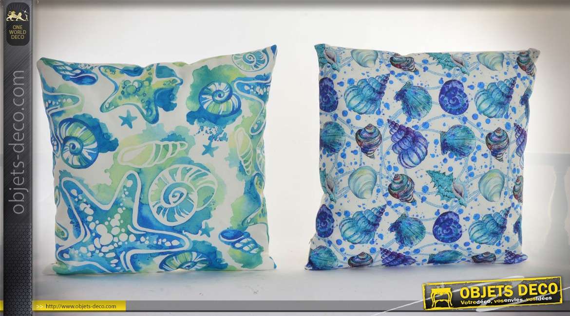 Duo de coussins décoratifs à motifs de coquillages coloris bleu et vert 45 x 45 cm