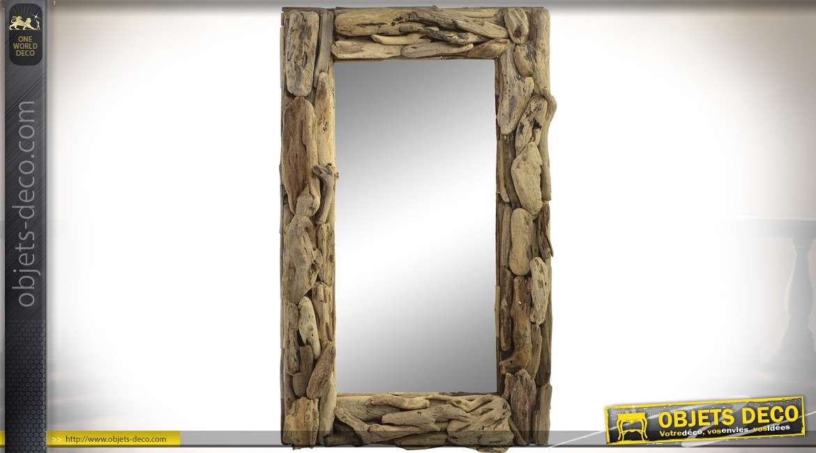 Miroir en bois flotté vieilli aspect rustique 100 x 60 cm