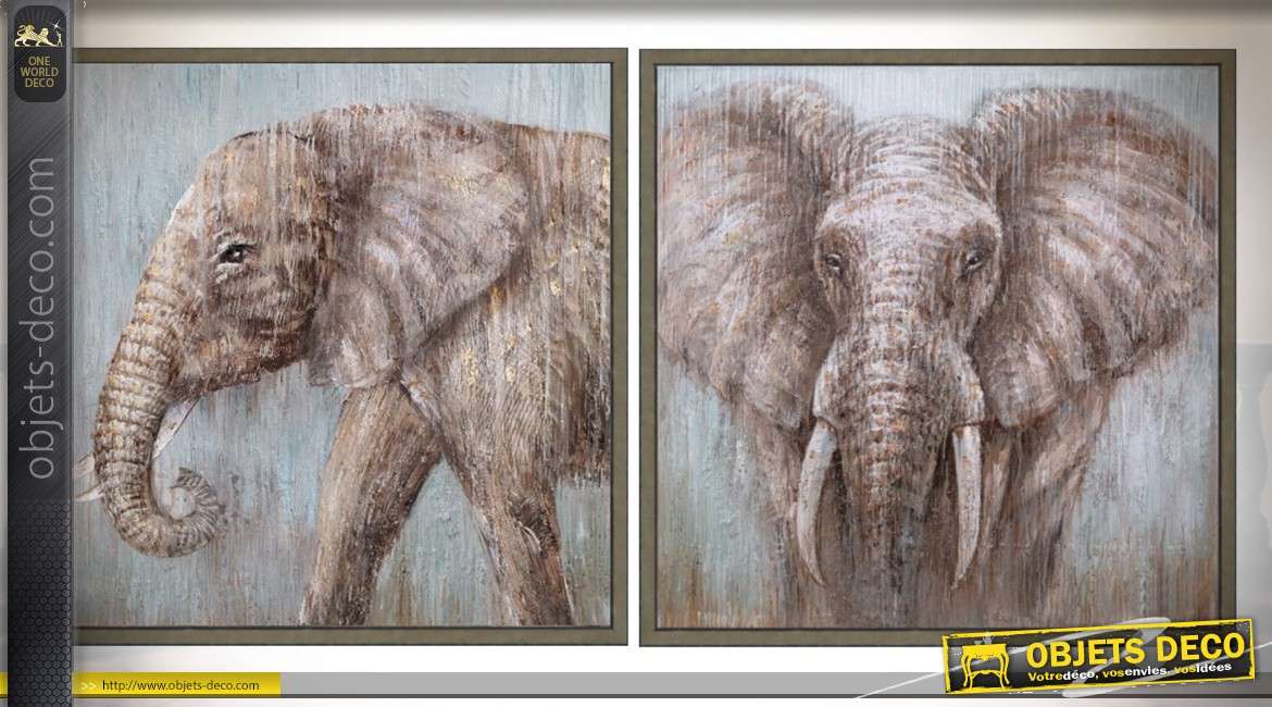 Duo de grands tableaux sur bois encadrés en 100 x 100 cm : éléphants d'Afrique