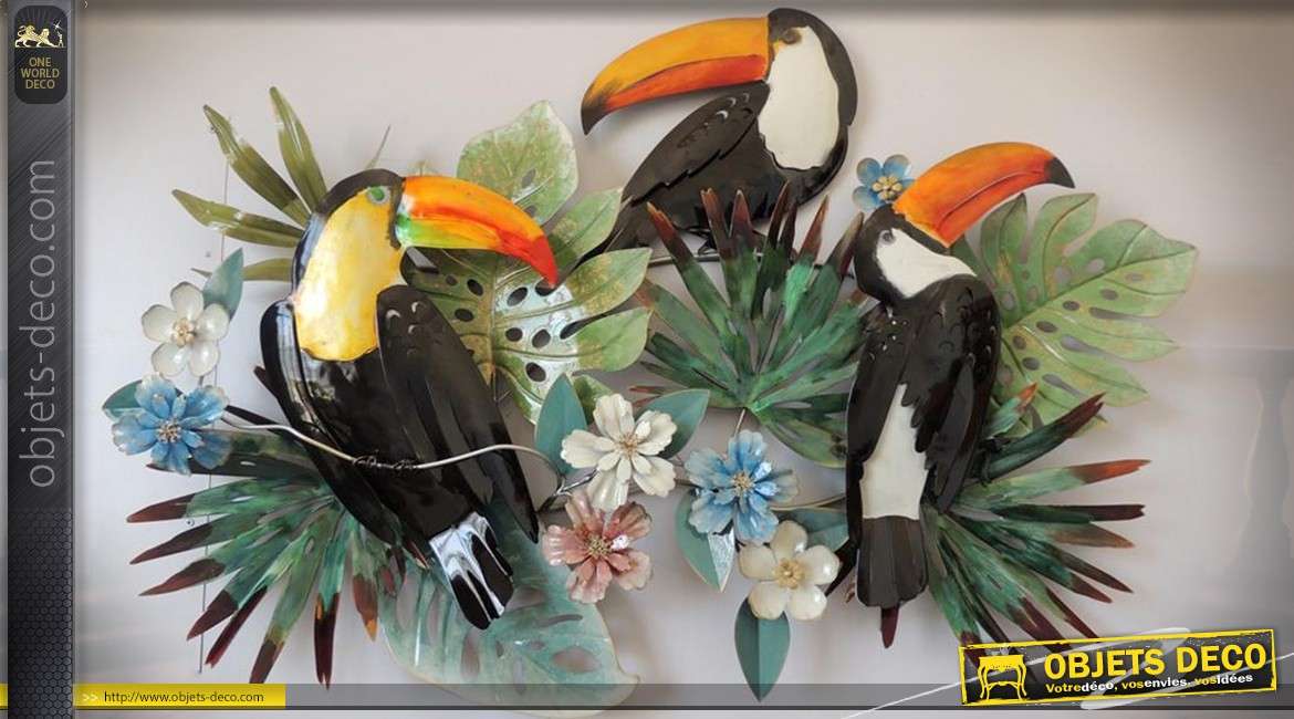Décoration murale en métal : grands perroquets exotiques multicolores 102 cm