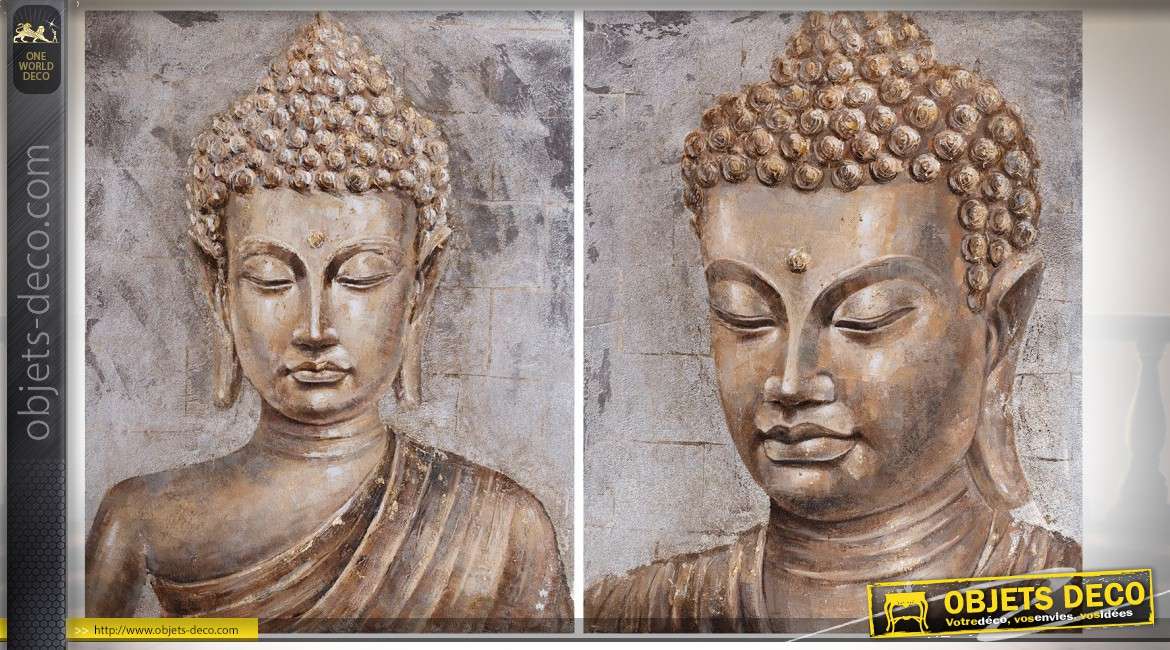 Série de 2 tableaux sur toiles : buste et tête de bouddha aspect cuivré 100 x 80 cm
