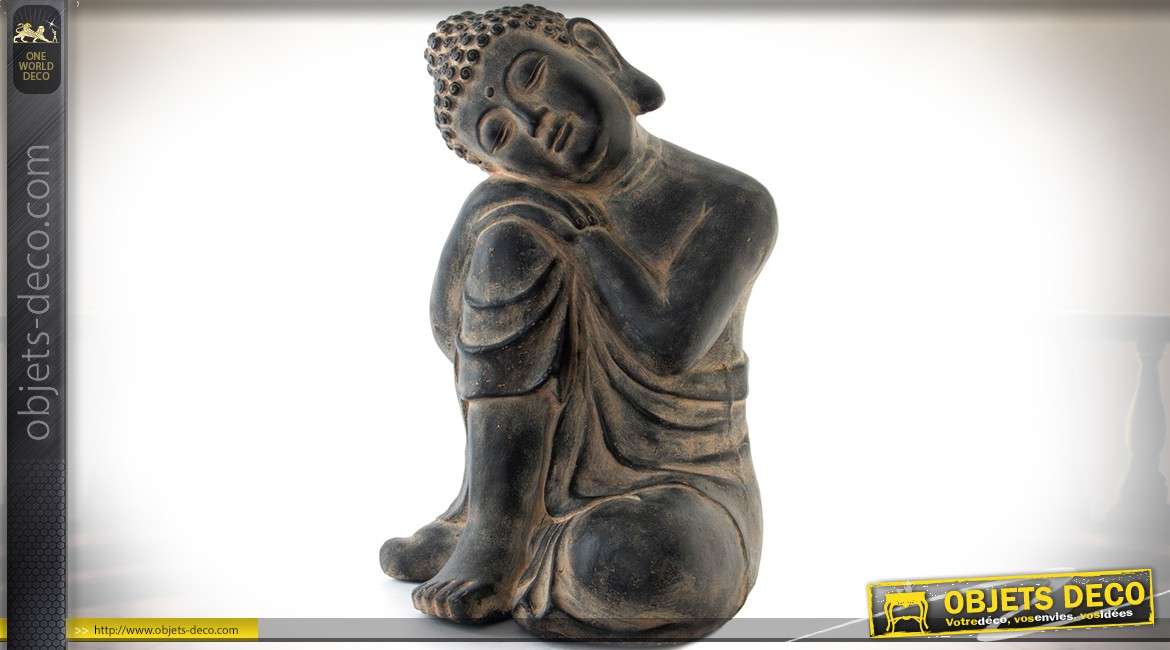Statuette de bouddha à tête inclinée en fibre de verre, finition effet métal noir vieilli 56 cm