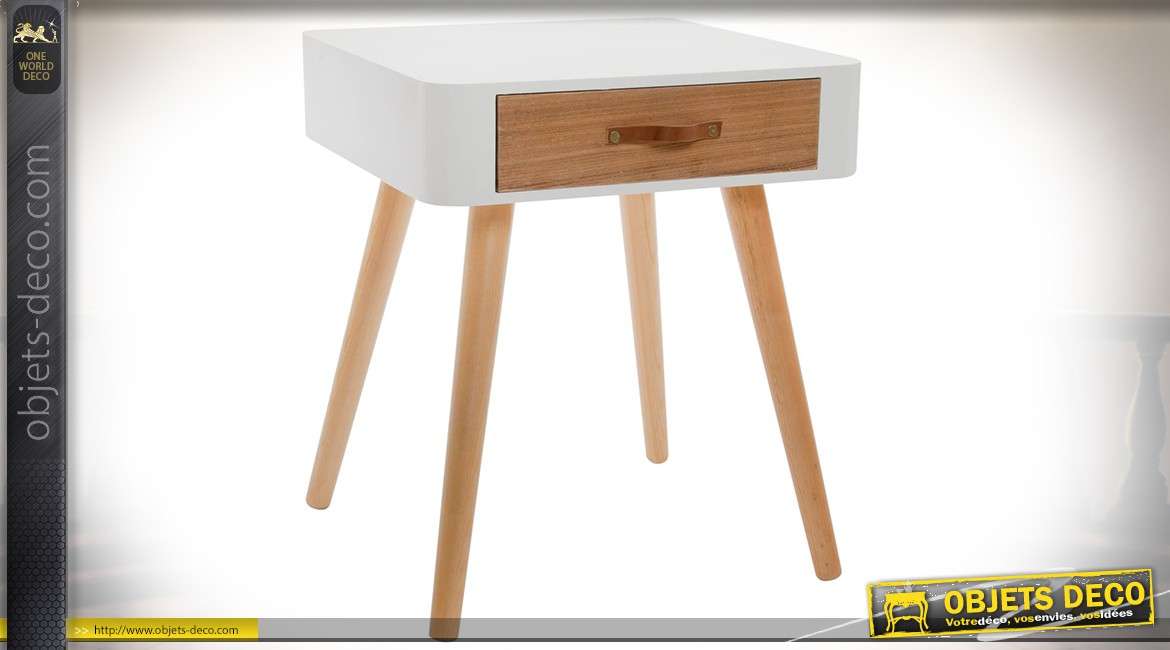 Table de chevet de style scandinave, finition blanche et bois naturel avec 1 tiroir