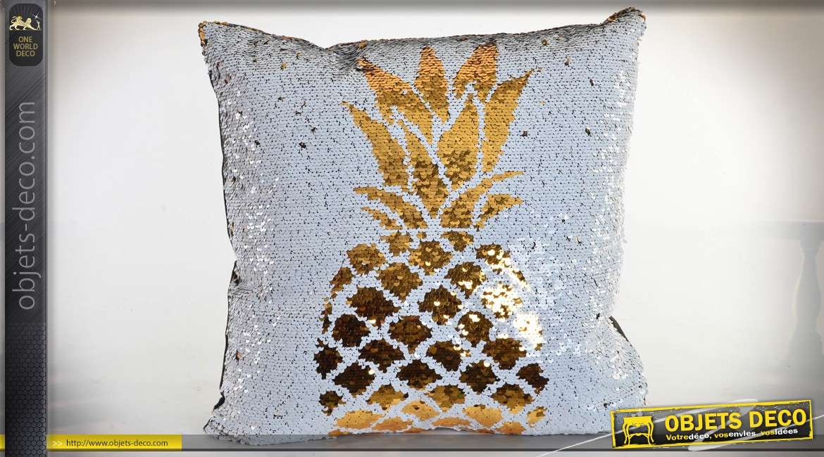 Coussin décoratif effet paillettes brillantes à motif d'ananas doré sur fond blanc