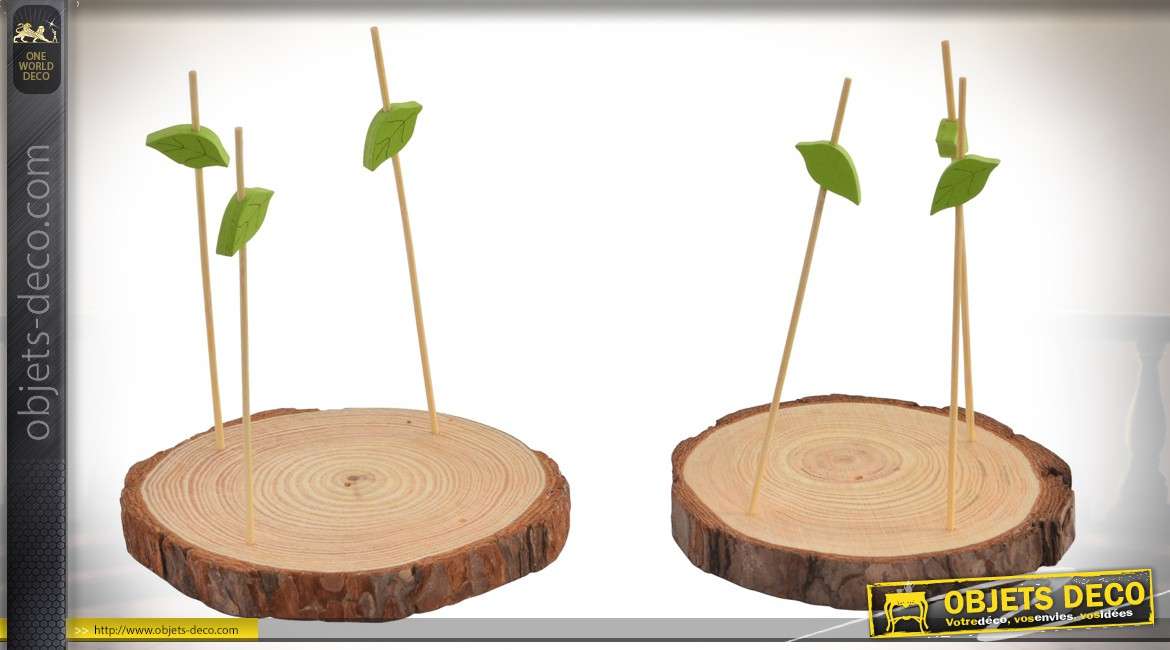 Série de 2 plateaux apéritifs en bois avec pics en forme de petits troncs d'arbres