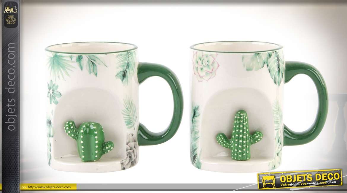 Série de 2 mugs originaux avec niches à cactus latérales, déco esprit tropical