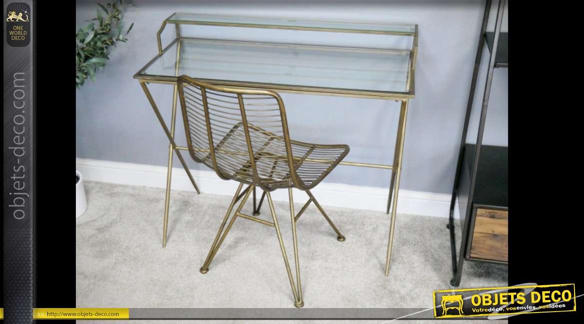 Bureau en verre et métal doré design style vintage