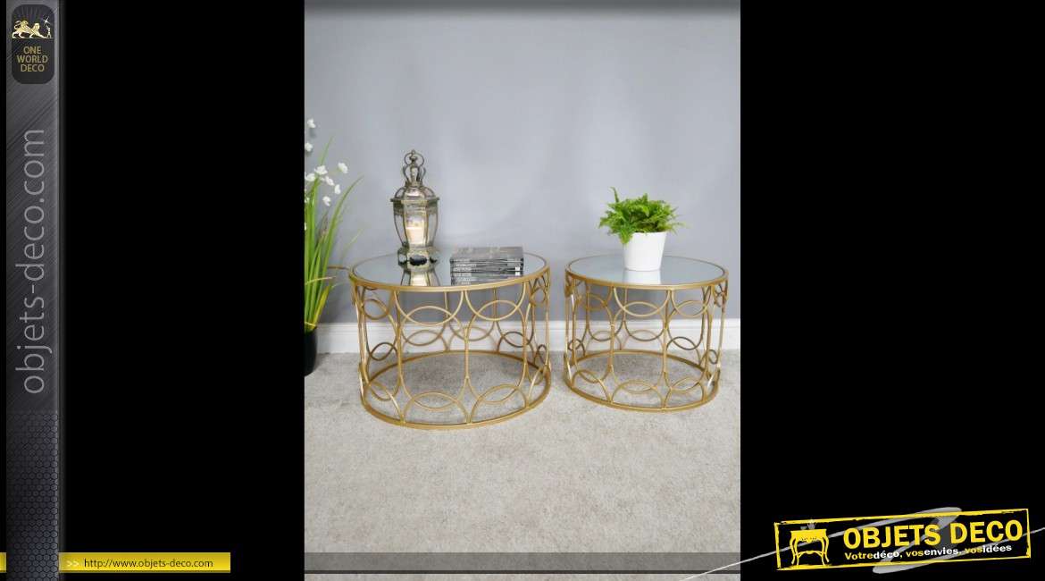 Set de deux tables basses rondes design en métal doré et miroir Ø 60 cm