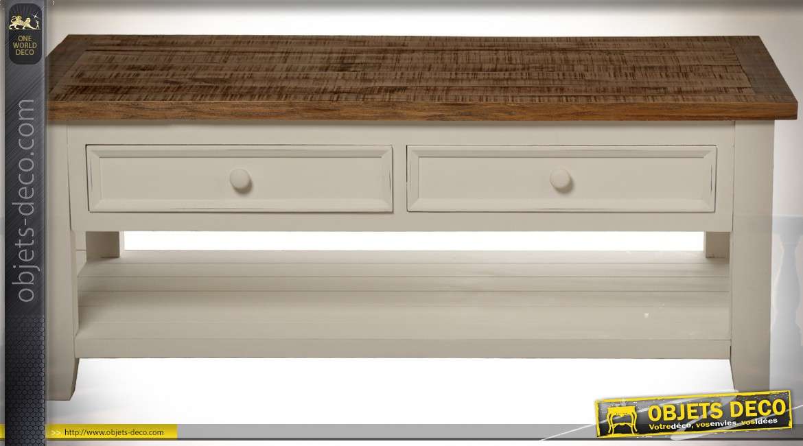 Table basse de style anglais coloris crème et bois vieilli 114 x 60 cm 