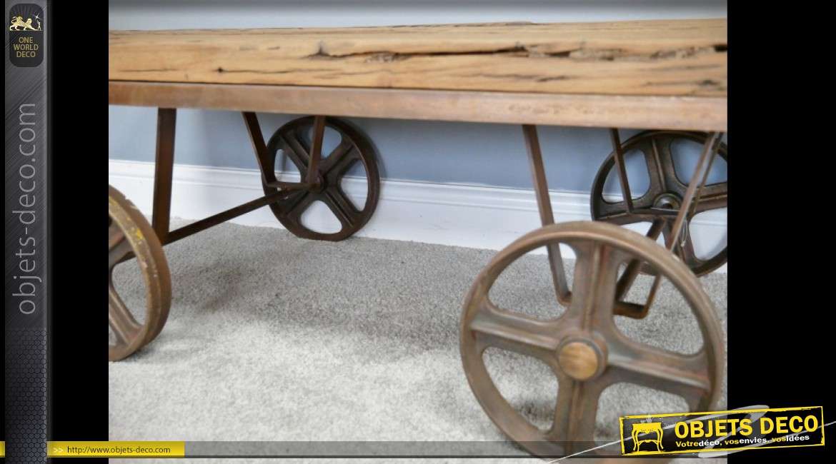 Table basse industrielle bois et métal chariot de mine 120 cm