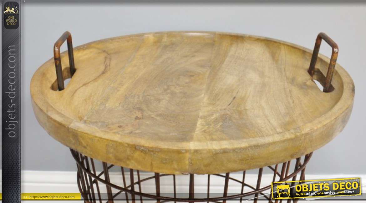 Table d'appoint industrielle, plateau en bois et base en métal style cage oxydée