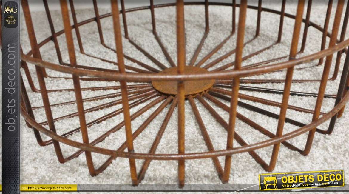 Table d'appoint industrielle, plateau en bois et base en métal style cage oxydée