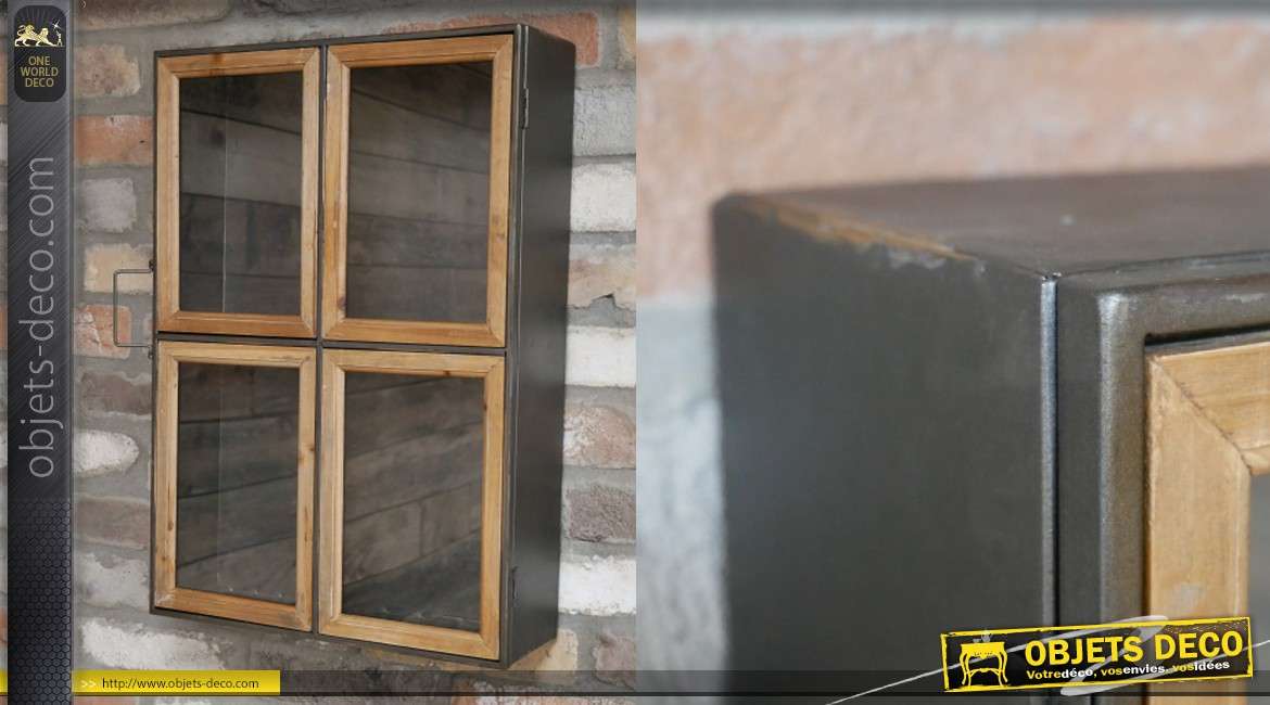 Vitrine en métal noir de style industriel avec porte vitrée encadrée bois naturel