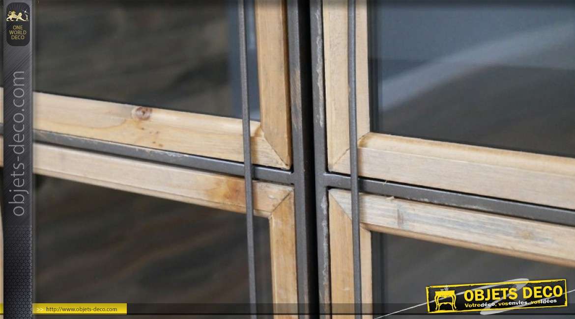 Meuble vitrine en métal avec carreaux aux encadrements bois, de style indus 164cm