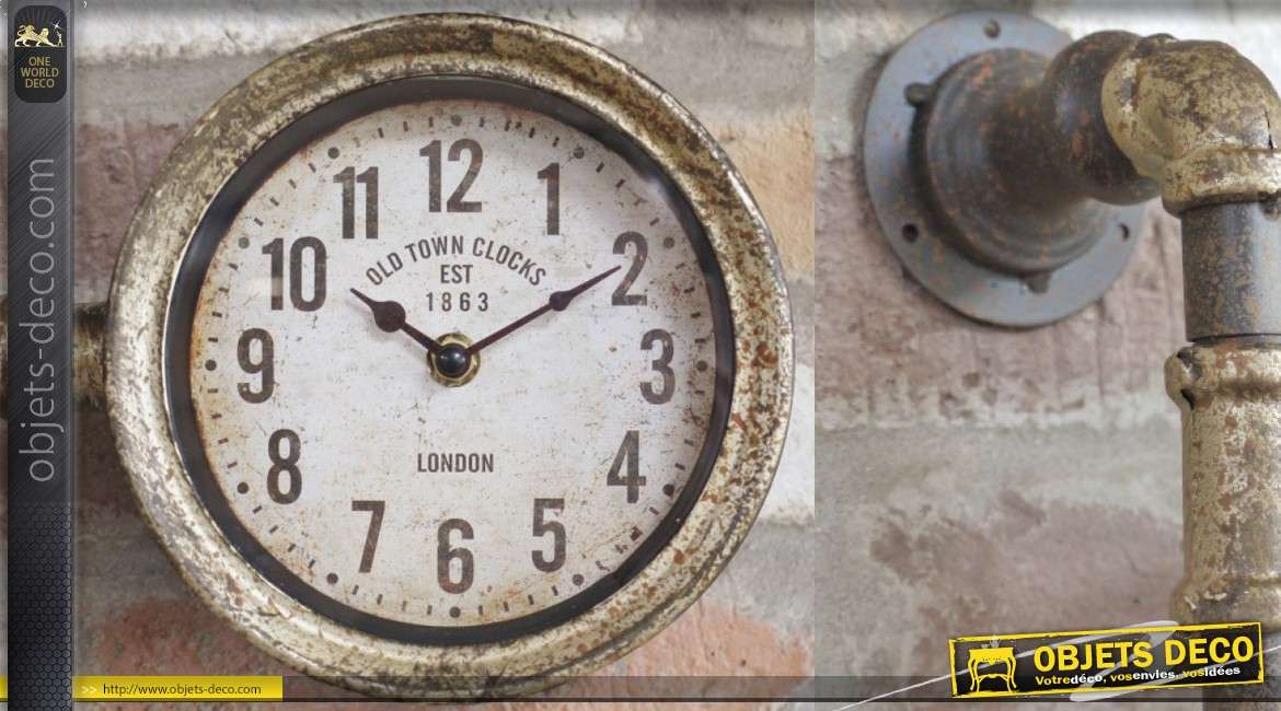 Horloge murale esprit ancien nanomètre en métal, effet ancien doré de style industriel