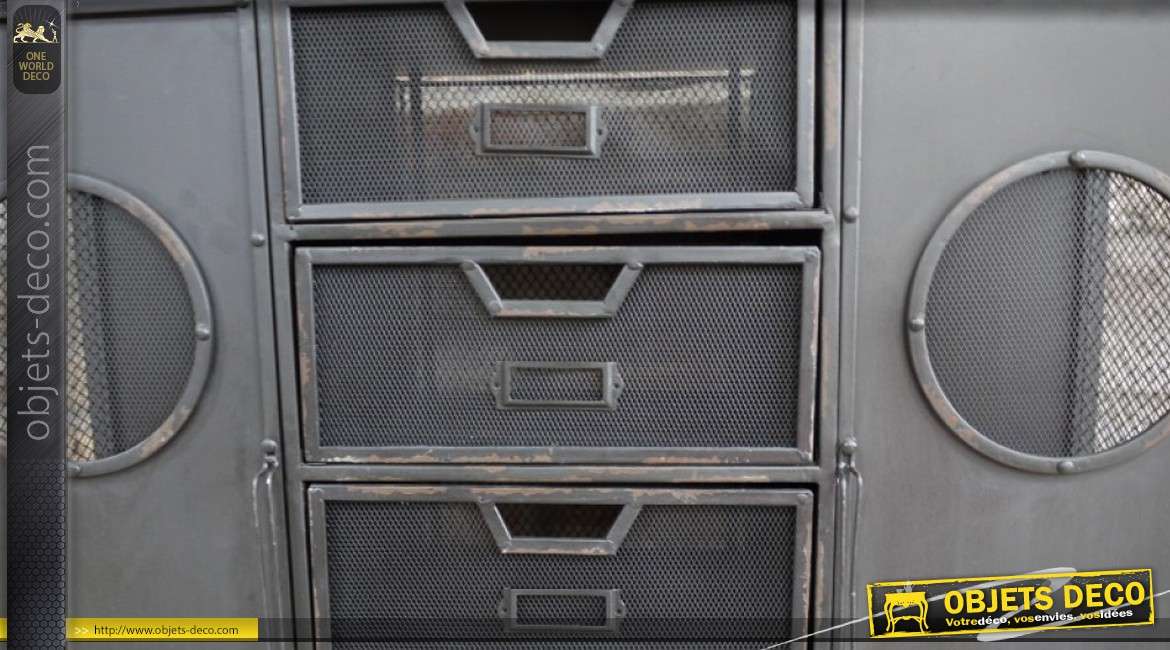Meuble de rangement style industriel en métal noir finition ancienne, 2 portes et 5 tiroirs