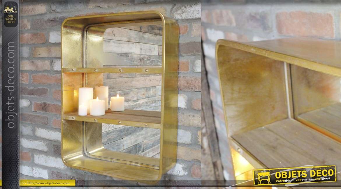 Etagère indus en métal finition ancien doré avec miroir et 2 tablettes en bois 67cm