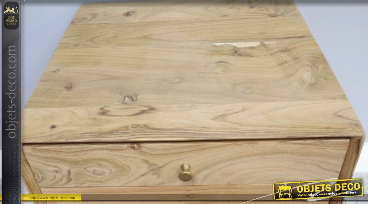 Table de chevet esprit naturel en bois d'acacia, 3 tiroirs richement veiné 62cm