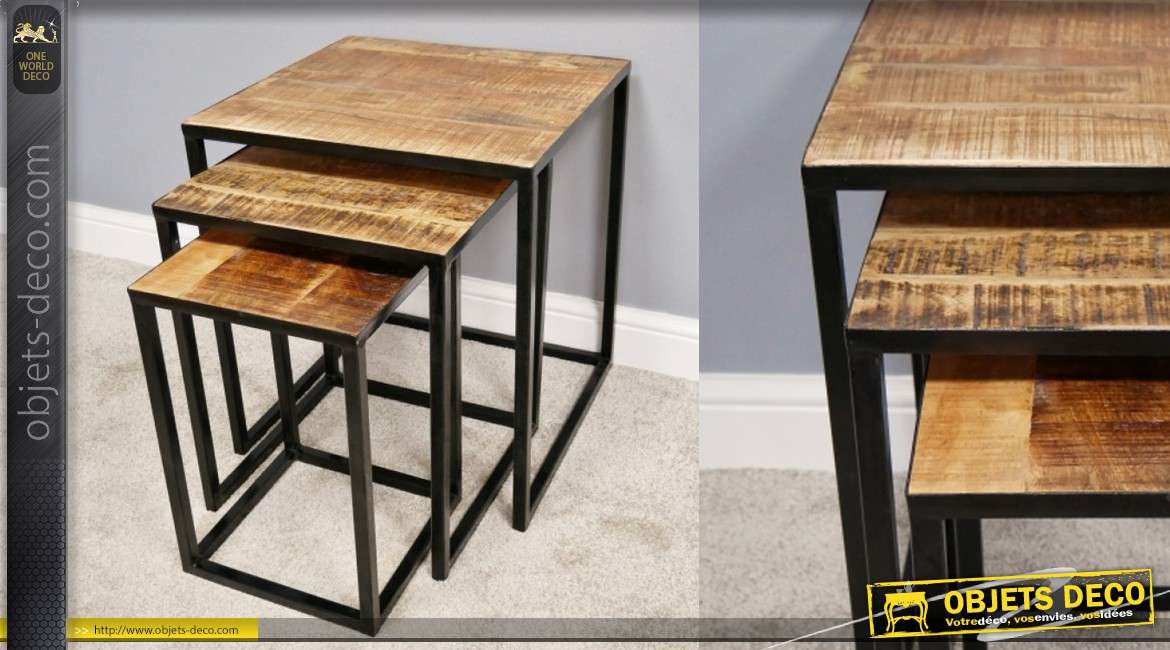 Serie de 3 tables gigones en métal noir et plateaux en bois de manguier