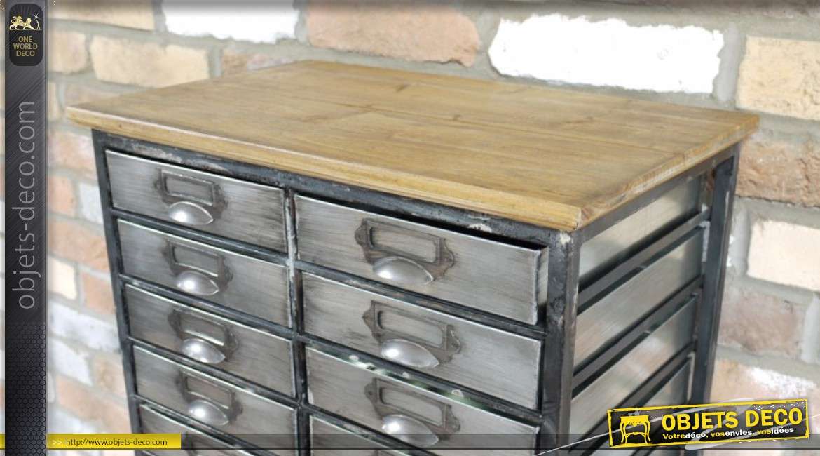Meuble de métier en métal et plateau en bois, 22 tiroirs esprit ancien atelier