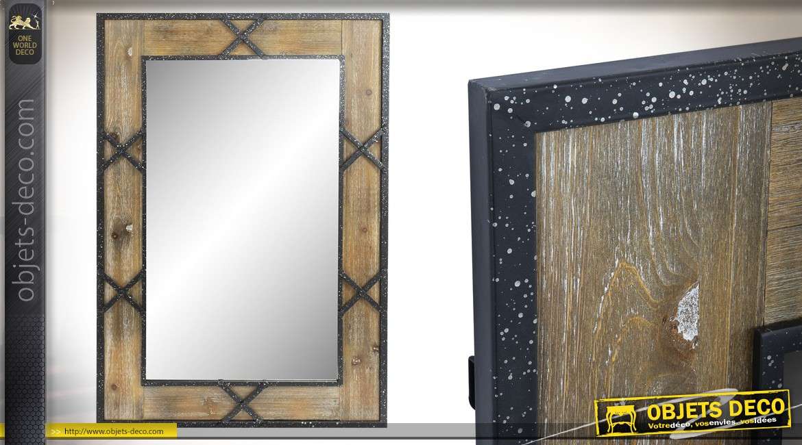 Miroir en bois et métal, de forme rectangulaire, d'esprit industriel, 120cm de haut
