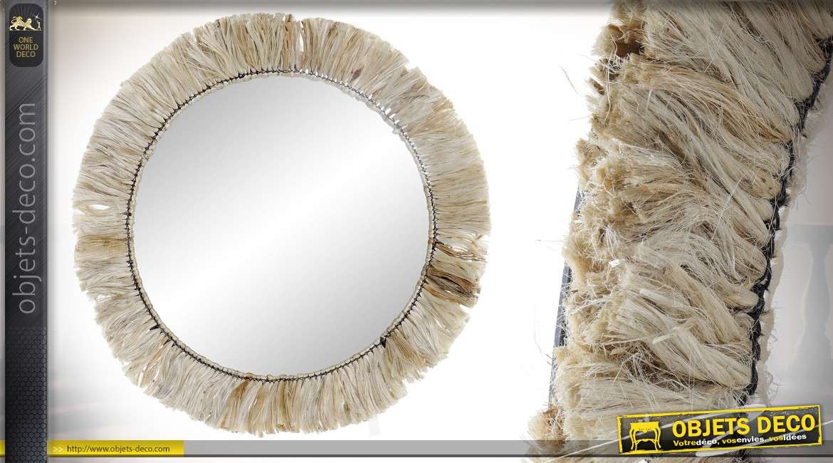 Miroir circulaire avec encadrement en jute, structure en métal, esprit bohème/nature 75cm