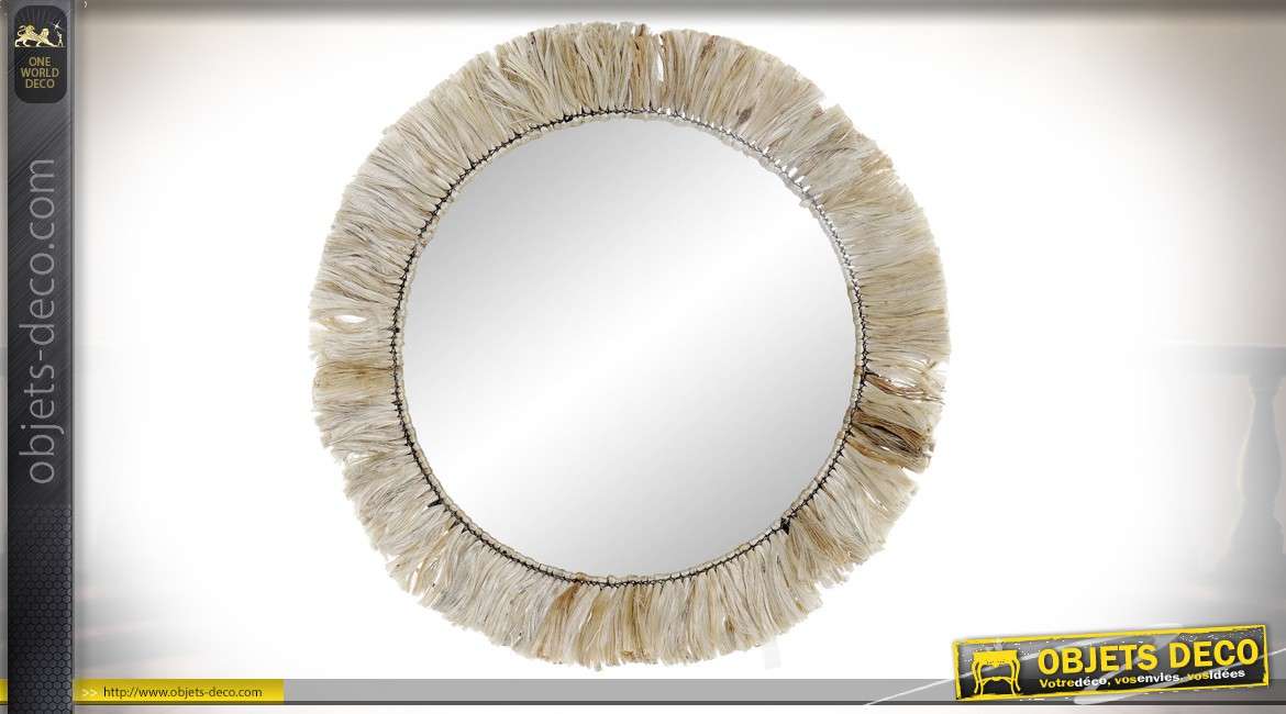 Miroir circulaire avec encadrement en jute, structure en métal, esprit bohème/nature 75cm