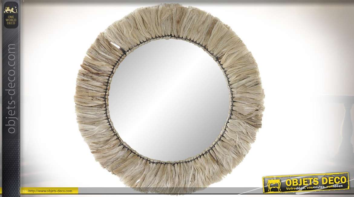 Miroir circulaire en métal et encadrement en fibre de jute, esprit bohème-nature 52cm