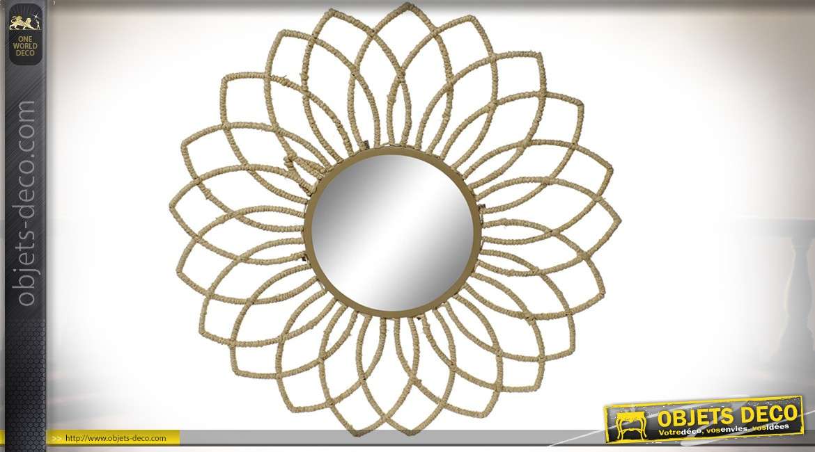 Miroir soleil en métal finition dorée et corde, esprit bohème campagne 78cm