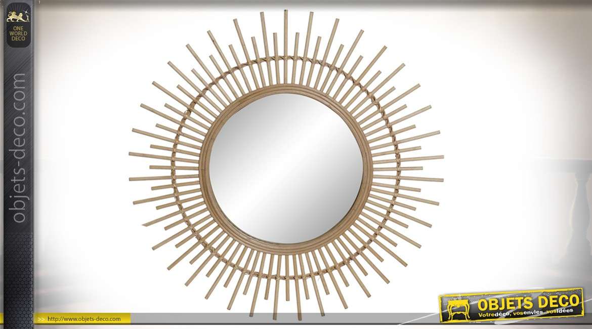 Miroir déco en forme de soleil, en bambou, esprit nature chic, 83cm de diamètre
