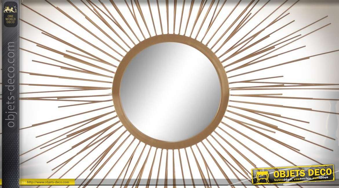 Grand miroir de déco en métal finition doré brossé, esprit miroir soleil 80cm