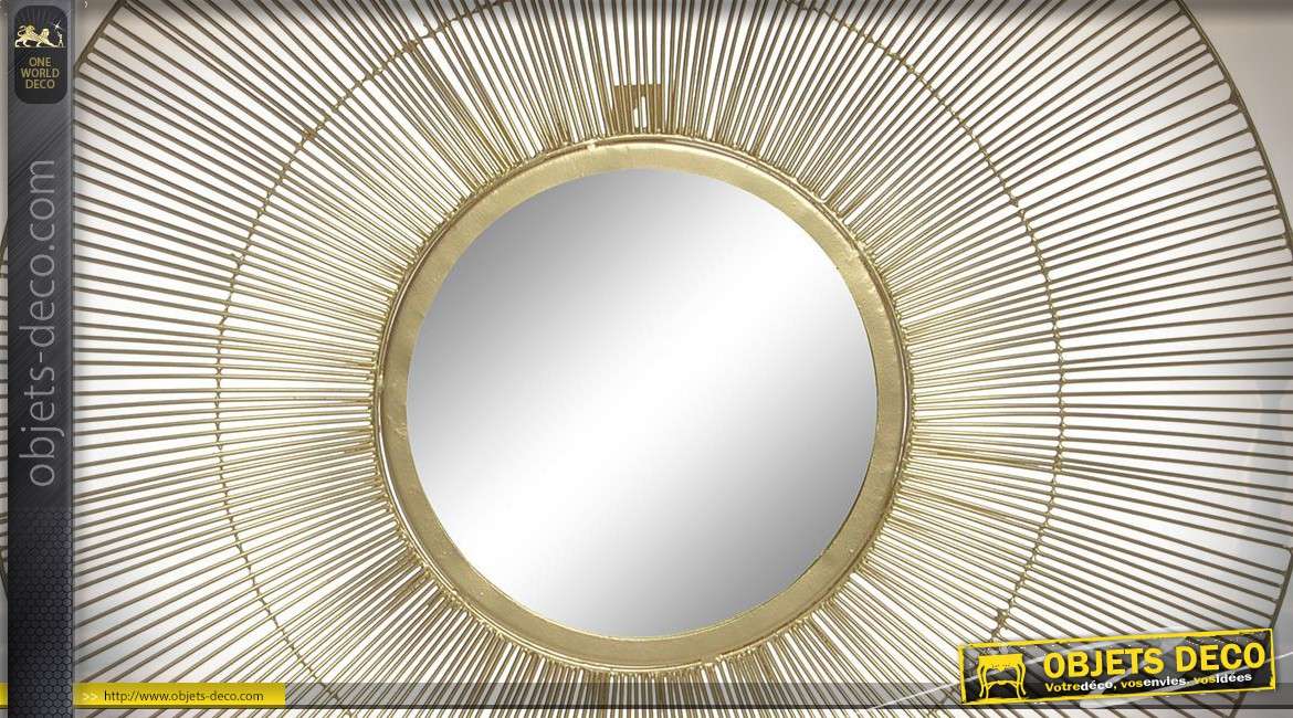Miroir en métal de forme ronde, finition doré mate effet brossé, esprit soleil métalique 61cm