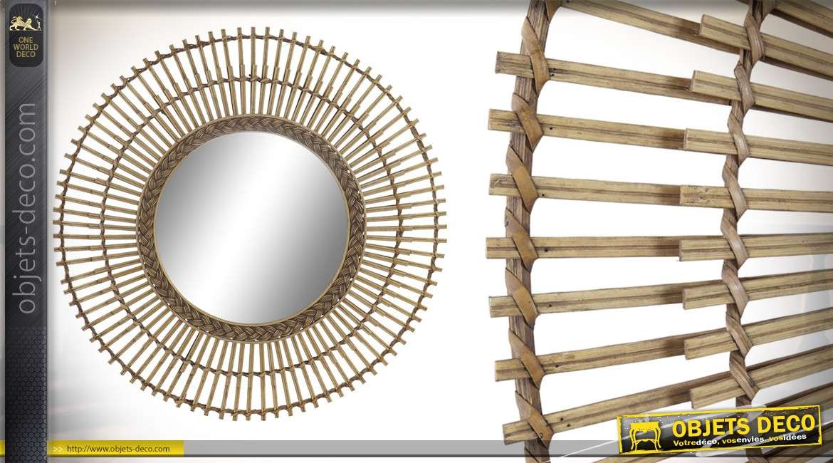 Miroir en rotin, forme ronde avec tressage circulaire intérieur, esprit bois flotté 62cm
