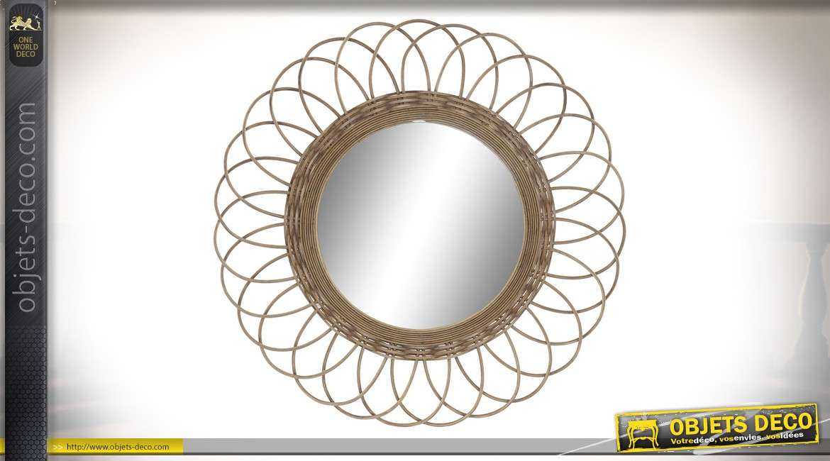 Miroir en rotin, esprit fleur/soleil finition naturelle, de forme ronde, 77cm de diamètre