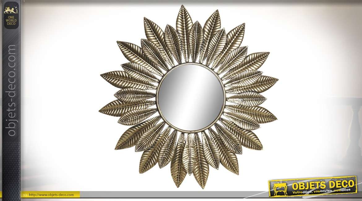 Miroir soleil en métal, esprit plumes d'oiseaux dorées, finition brillante 66cm
