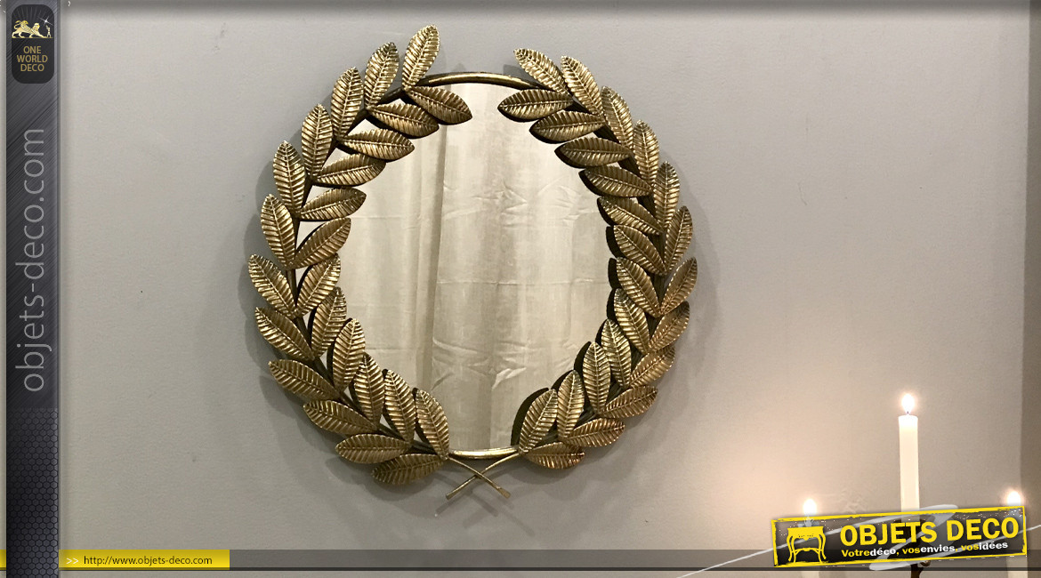 Miroir rond en métal, esprit Rome antique, finition métal doré, branche de laurier 56cm